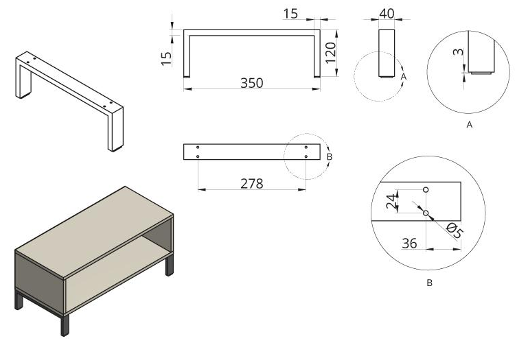 Technický nákres nábytková noha DN-809, 40x15, černá matná