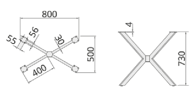 Technický nákres stolní podnož DN-979D, 50x80, výška 730mm, černá matná