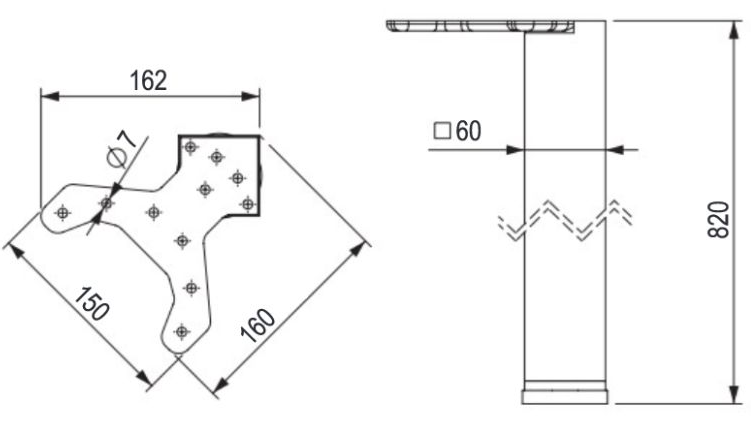 Technický nákres Stolová noha, 60x60/820mm, roh