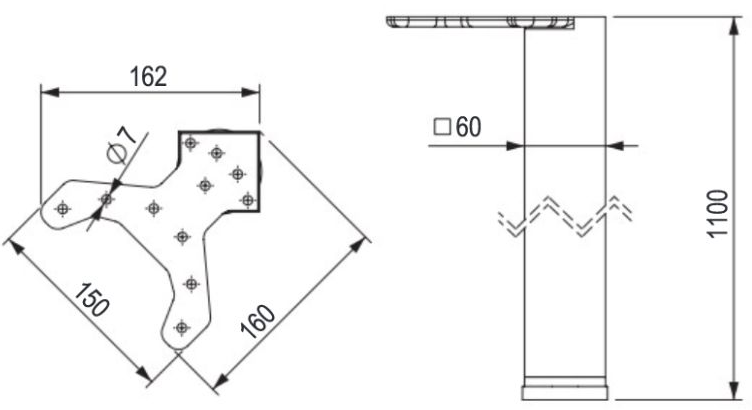 Technický nákres stolní noha, 60x60/1100mm, roh