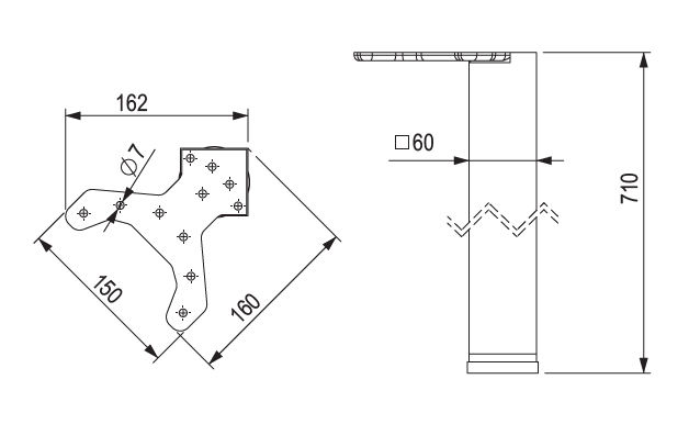 Technický nákres stolní noha, 60x60/710mm, roh