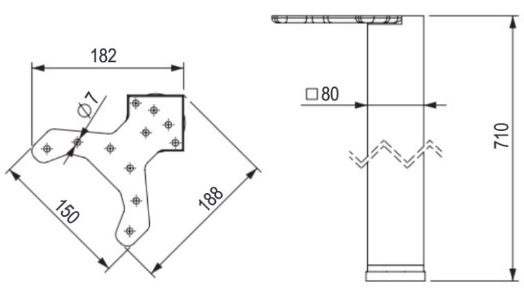 Technický obrázek stolová noha, 80x80/710mm, roh