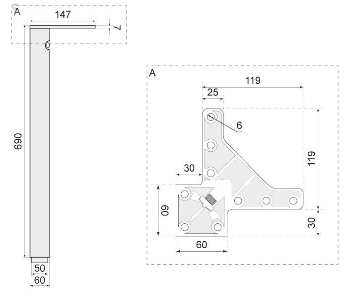 Technický obrázek Stolní noha DN-270 60x60/710