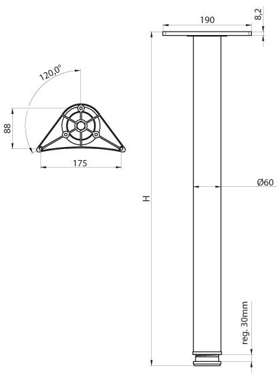 Technický nákres stolní noha Ø 60/710