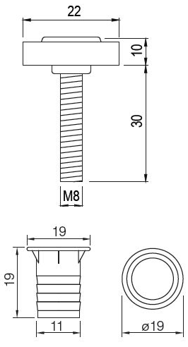 Technický obrázek nastavitelná nožička M8 + narážecí matice