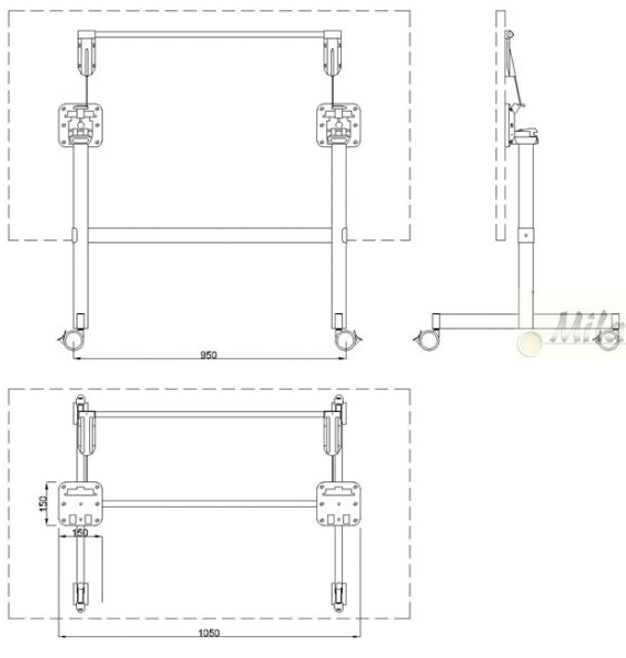 Technický obrázek Stolní podnož se sklopnou deskou ST847MU s kolečky