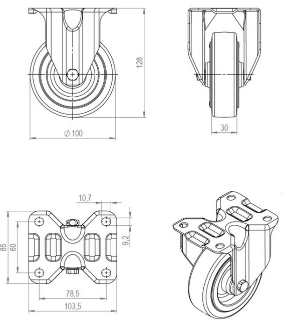 Technický obrázek Kolečko pevné 3478, Ø 100 mm