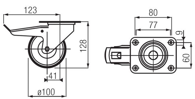 Technický obrázek Kolečko 3470 Ø 100mm, otočné