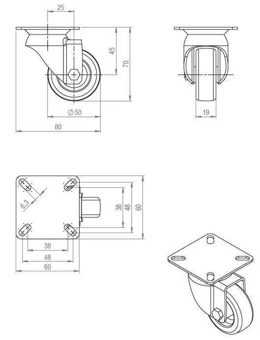 Technický obrázek kolečko 454, Ø45mm, pevné