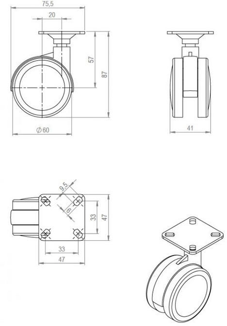 Technický obrázek Kolečko s měkčenými běhouny ø 60 mm