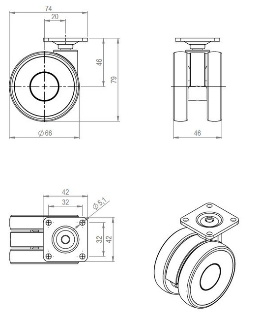 Technický obrázek Kolečko Linea Ø 65mm, světle šedá