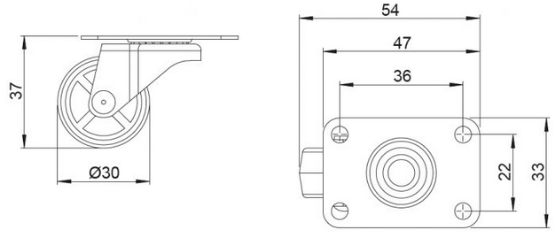 Technický obrázek Kolečko Ø 30mm, otočné