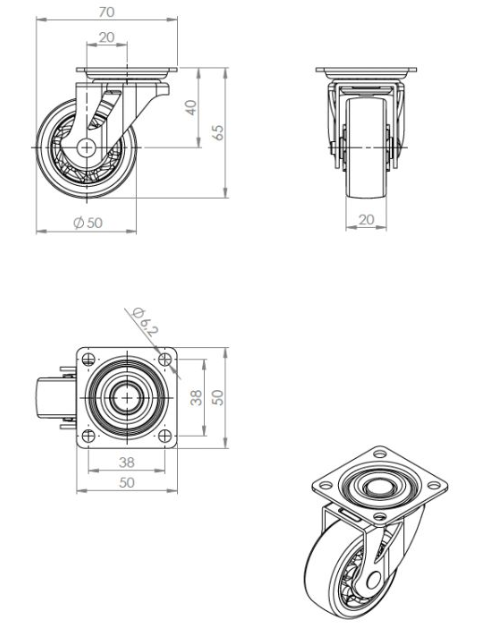 Technický obrázek Kolečko otočné TOP Ø 50mm, transparentní tmavá
