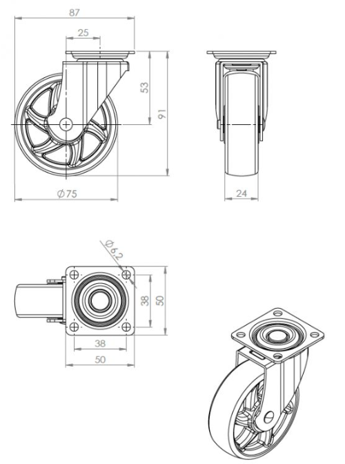 Technický obrázek Kolečko otočné TOP Ø 75mm, transparentní čirá