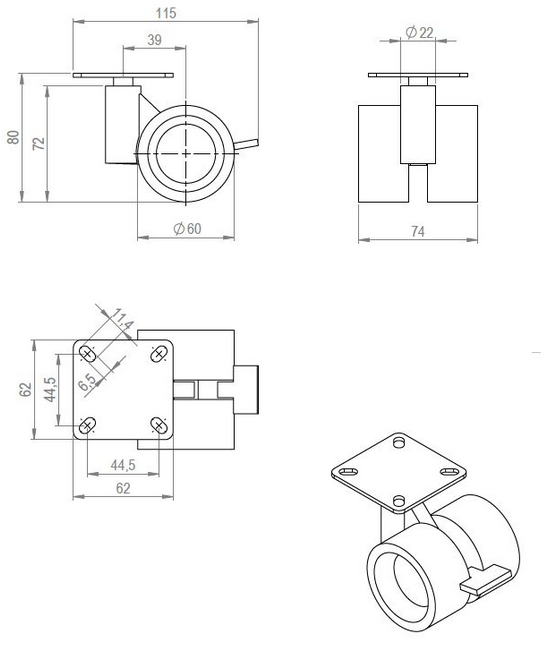 Technický obrázek kolečko Formule Ø 60 mm