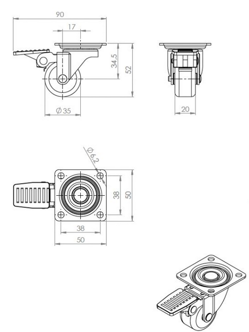 Technický obrázek Kolečko TOP-E Ø 35 mm, transparentní čirá