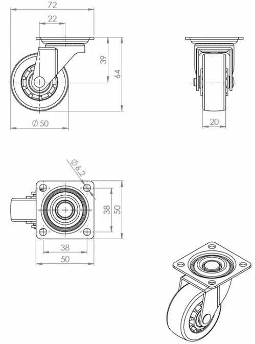 Technický obrázek Kolečko TOP-E Ø 50 mm, transparentní tmavá