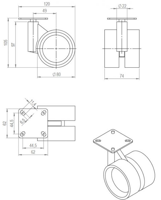 Technický obrázek kolečko Formule Ø 80 mm