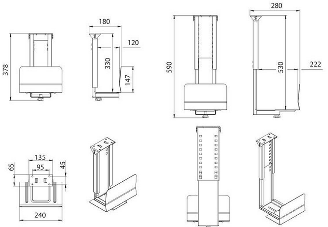 Technický nákres Polička pod stolový počítač MS-495, černá matná