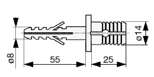 Technický nákres hmoždinka Fischer TBB pro schodišťové stupně pro montáž do betonu