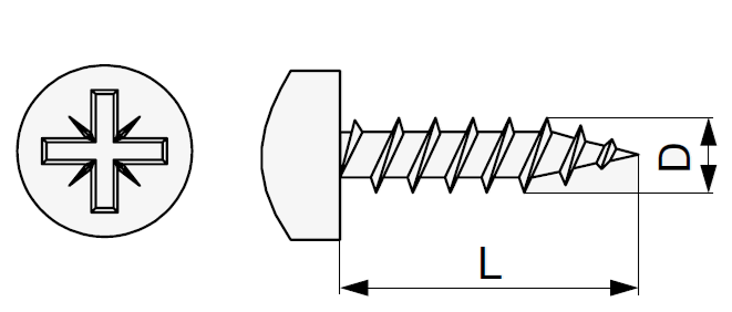 Technický nákres šroub s PZ drážkou Riex, průměru 3,5 - 5,0, půlkulatá hlava