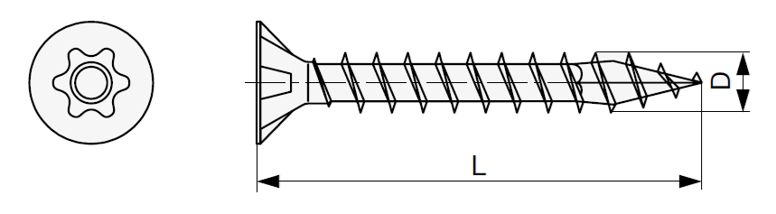 Technický výkres šroubu s TX drážkou, průměr 3 - 3,5