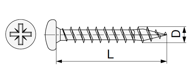 Technický nákres šroub s PZ a TX drážkou Spax, průměru 3,0 - 6,0, půlkulatá hlava