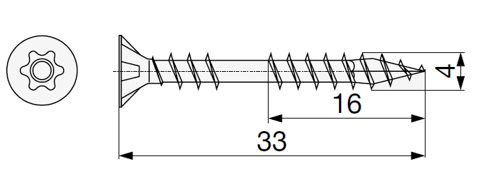 Technický nákres spojovací šroub Spax s TX drážkou průměru 4,0, dvojitý závit