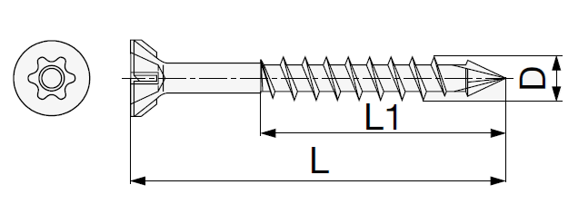 Technický nákres šroub do MDF s TX drážkou Spax, průměru 3,5 - 4,5