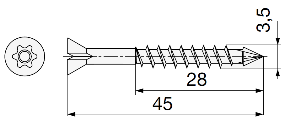 Technický nákres šroub do Masivu s TX drážkou Spax, průměru 3,5