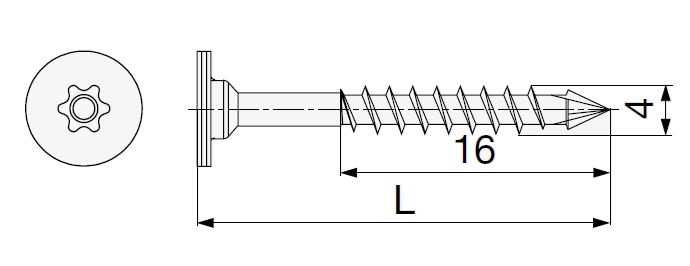 Technický nákres ozdobný vrut Spax S TX drážkou průměru 4,0