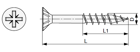 Technický nákres šroub s PZ drážkou Spax, průměru 3,5 - 4,0, poloviční závit