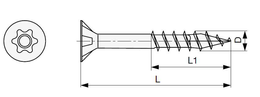 Technický nákres šroub s TX drážkou, průměru 5,0 - 6,0, poloviční závit