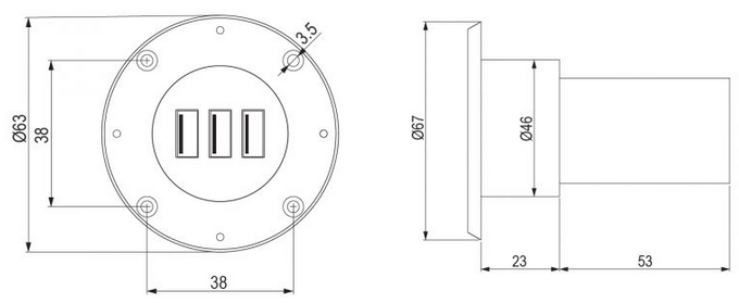 Technický nákres 3x USB nabíjačka, okrúhla