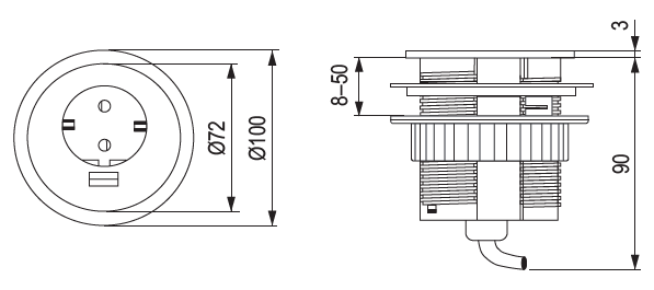 Technický nákres VersaTag 230 V zásuvka s USB A