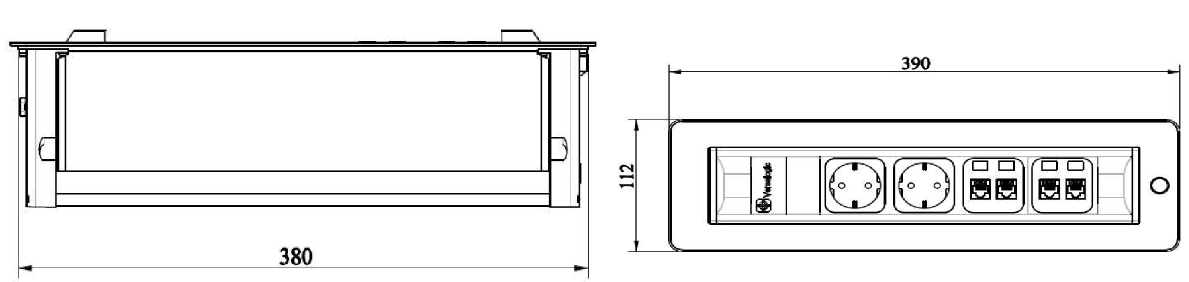 Technický nákres zásuvka Versaturn 3.0, 2x230V, 2xUSB A/C, 2xRJ45, 1xHDMI