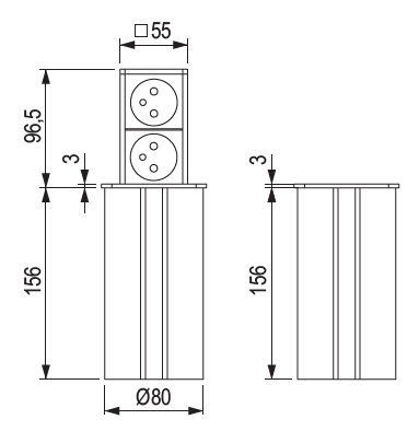 Technický nákres elektrická zásuvka Strong PowerUp vysouvací, 1x 230V, 1x USB A, 1x USB C