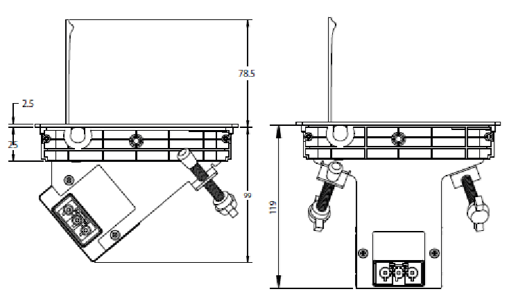 Technický nákres VersaFlap Dual 2.0,  3x 230 V, 2x RJ45, 1x USB A / C, 1x HDMI, 1x USB A Data