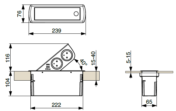 Technický nákres SFL Cizo 2x 230 V, 2x USB A