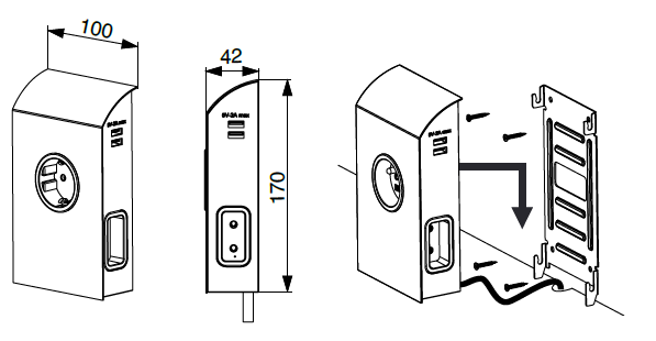Technický nákres SFL Born 1x 230 V, 2x Euro zásuvka typ C, 2x USB A