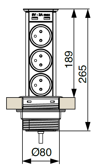 Technický nákres SFL Brick 3x 230 V, 2x USB A