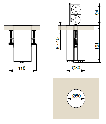 Technický nákres Riex výsuvná zásuvka 1x 230 V, 1x USB A, 1x USB C