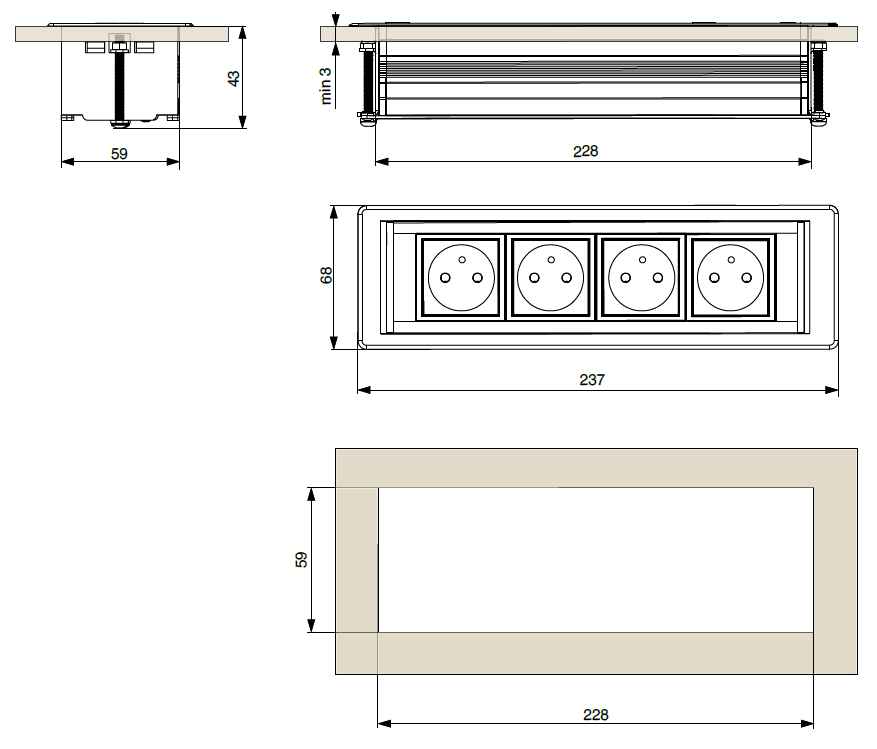 Technický nákres riex stolní elektrická zásuvka