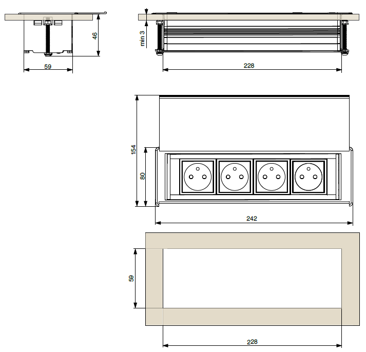 Technický nákres riex stolní elektrická zásuvka s krytem