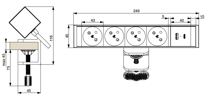 Technický nákres riex prodlužovačka se svorkou, 4x 230 V, 1x USB A/C