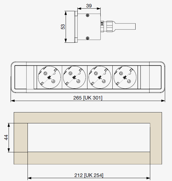 Technický nákres riex ED14 stolní elektrická zásuvka
