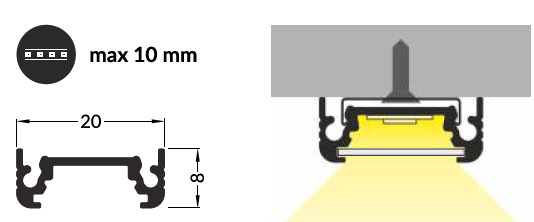 Technický nákres profil pro LED pásky, Surface, bíla