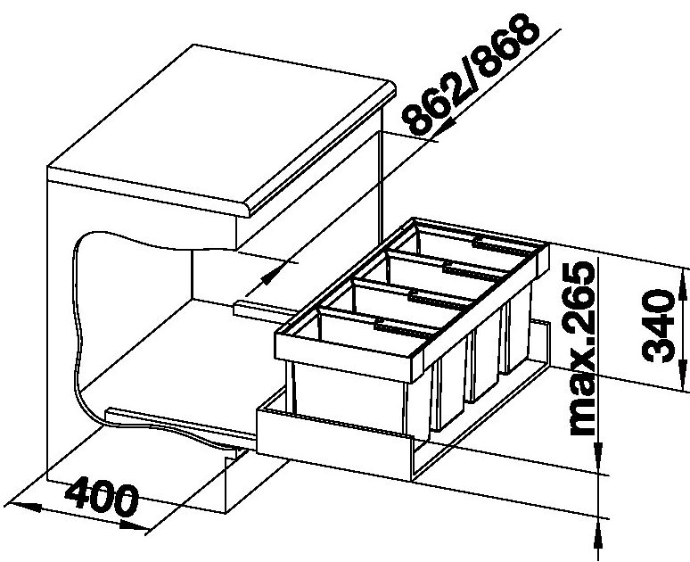 Technický nákres BLANCO koš FLEXON II 90/4