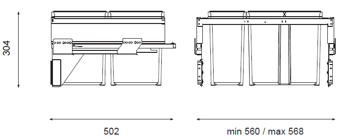 Technický nákres Sorter Linea 580 Plus, 2x17L+2x8L