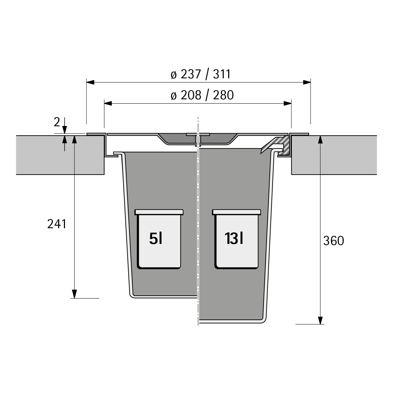 Technický nákres Vestavný odpadkový koš Bin.it Drop 5 L